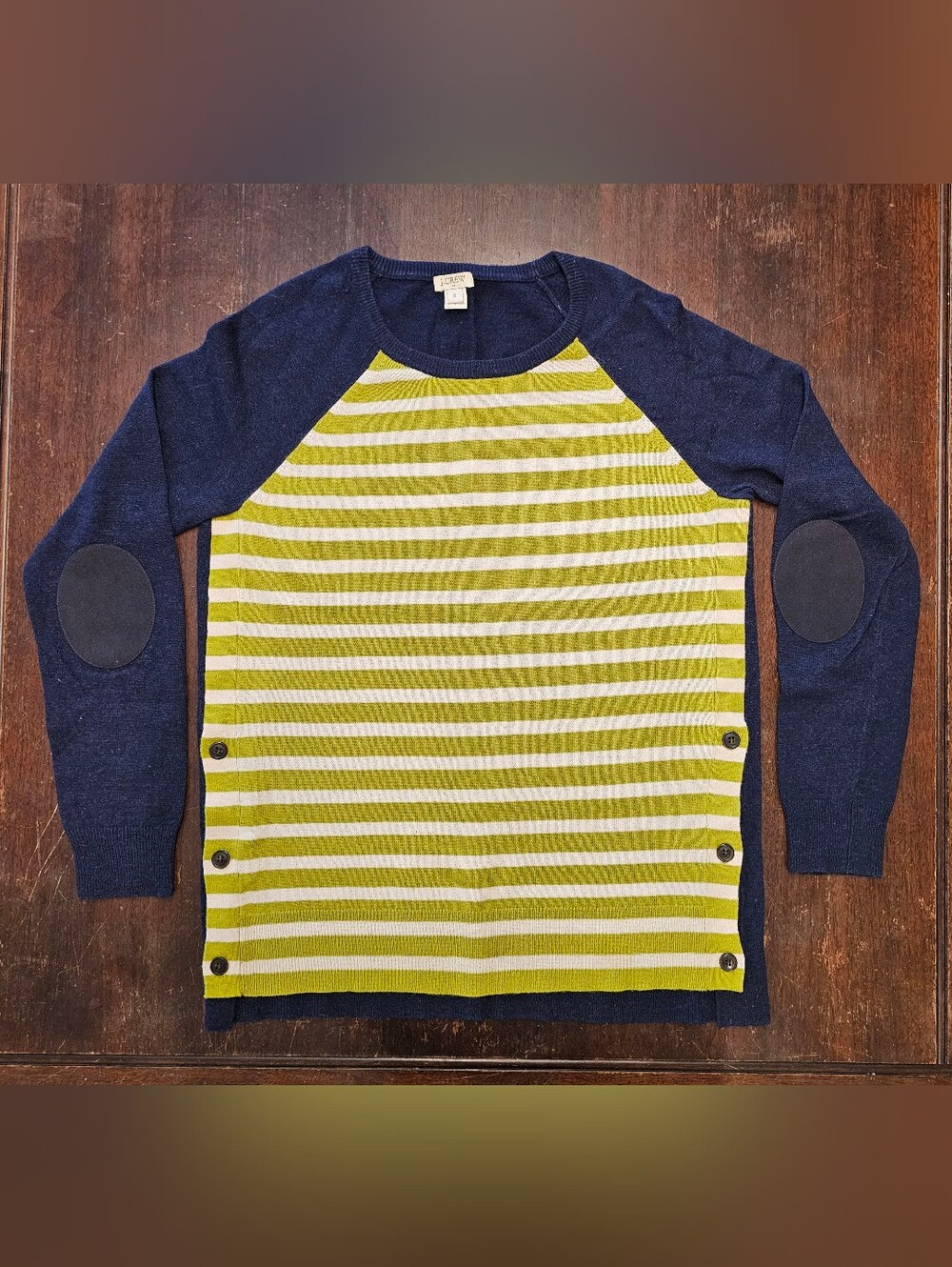 J. Crew Women's Striped Sweater with Button Detail, Elbow Patches - Size Small